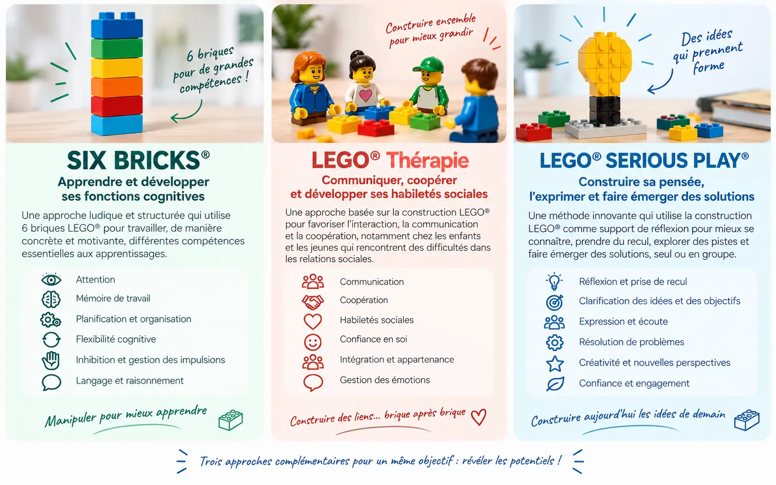 SIX BRICKS®, LEGO® Thérapie et LEGO® SERIOUS PLAY® – trois approches pour apprendre, communiquer et réfléchir autrement
